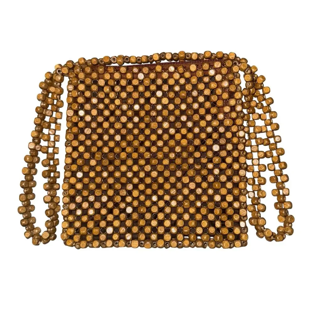Wooden Beaded Crossbody Bag Purse Boho Hippie Granola Natural Textured‎ 7x7.5